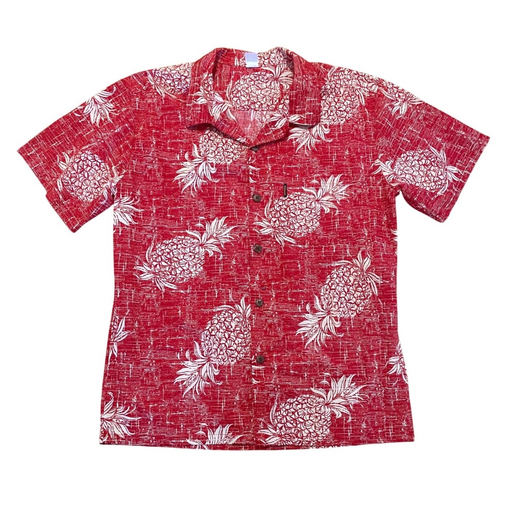 Palmwave Hawaii Shirt Size L Y2K Red Pineapple Print‎ Short Sleeve Button Up